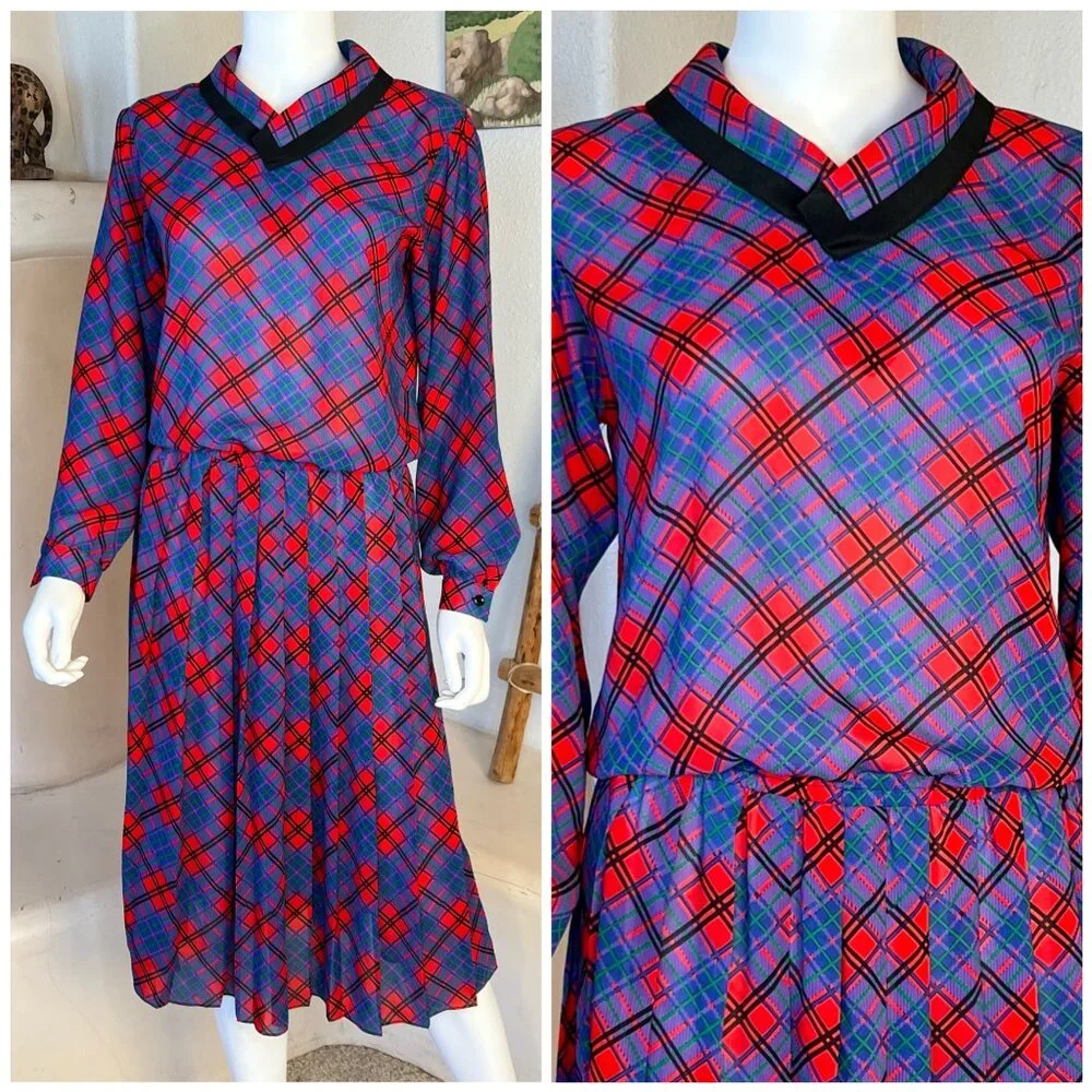 Vintage 80s Plaid Blouson Teacher's Dress - Picture 3 of 4